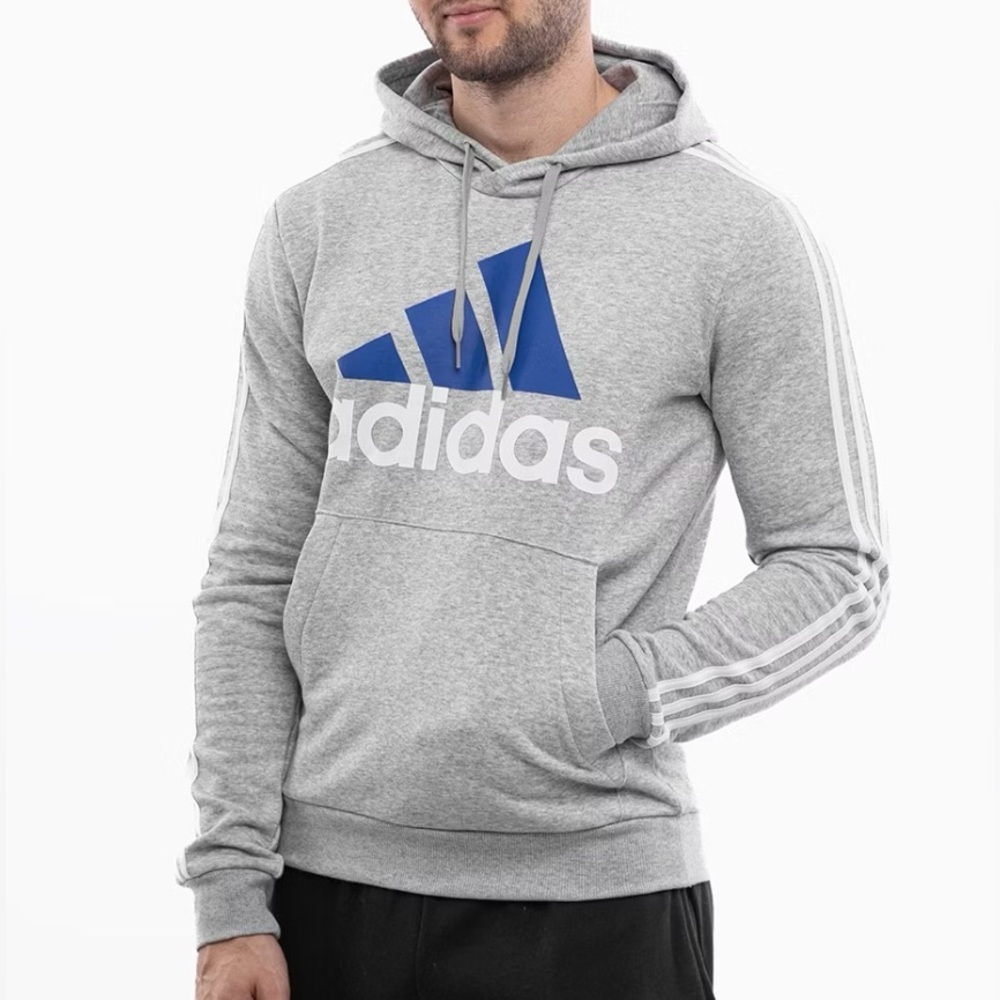 NWT! Adidas Essentials Men's XLT Hooded Sweatshirt Fleece Grey/Blue Logo GV5249